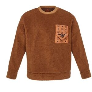 MCM Men's Cognac Sherpa Crewneck with Monogram Pocket
